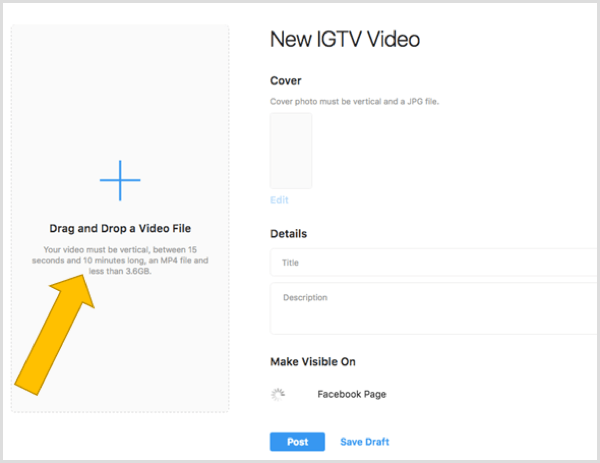 डेस्कटॉप पर IGTV वीडियो अपलोड करने के लिए फ़ाइल को खींचें और छोड़ें।