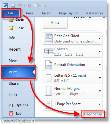 माइक्रोसाफ्ट वर्ड 2010 स्क्रीनशॉट बैकड्रॉप से ​​फाइल> प्रिंट मेनू का चयन करें और फिर वर्ड 2010 में पेज सेटअप पर क्लिक करें