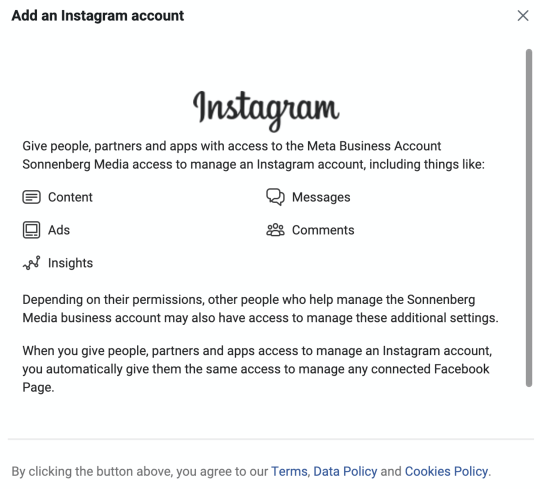 Meta Business Manager में Instagram खाता जोड़ें स्क्रीन की छवि