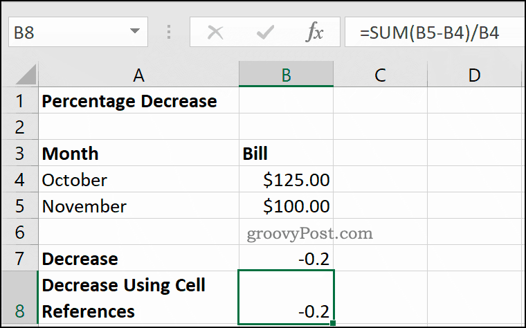 Microsoft Excel में प्रतिशत का उदाहरण घटता है