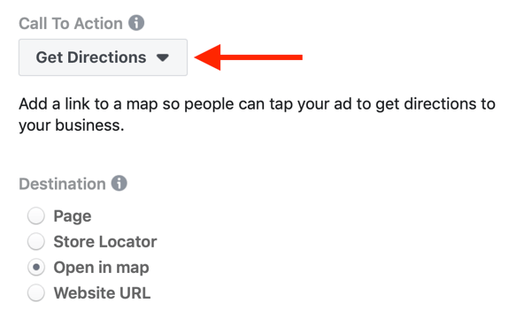 अपने फेसबुक अभियान के कॉल टू एक्शन के लिए दिशा-निर्देश प्राप्त करने का विकल्प चुनें।