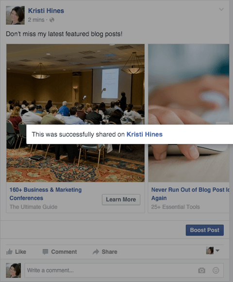 फेसबुक हिंडोला विज्ञापन एक पेज पोस्ट पुष्टि संदेश के रूप में साझा किया गया