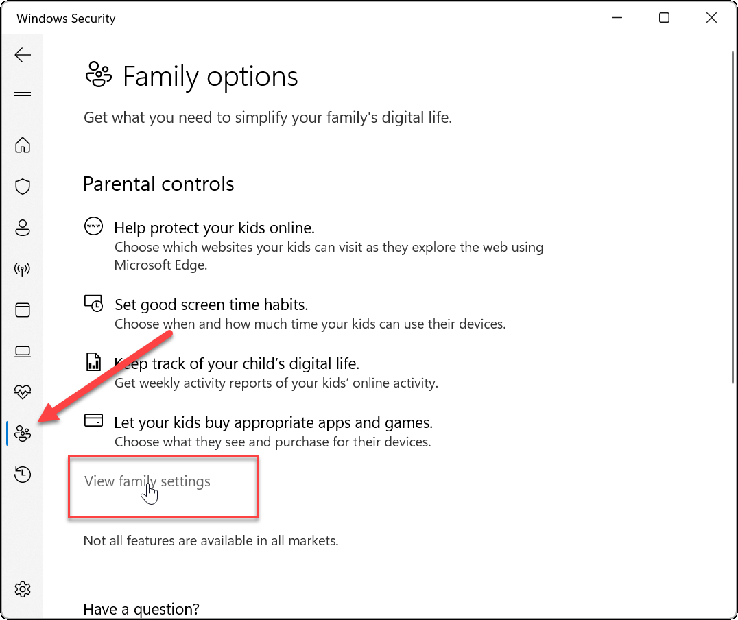 Windows सुरक्षा परिवार विकल्प