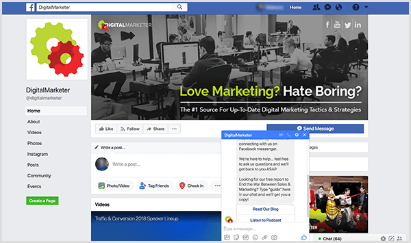 मौली पिटमैन ने DigitalMarketer फेसबुक पेज पर एक चैटबॉट जोड़ा।