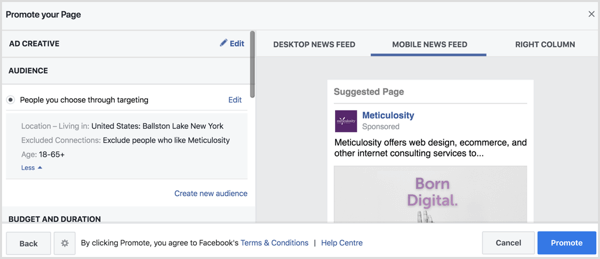 फेसबुक आपके स्थान पृष्ठ के आधार पर दर्शकों की सेटिंग को ऑटो-पॉप्युलेट करेगा। 