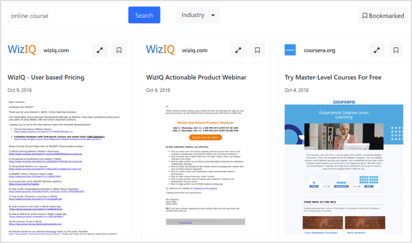WhoSendsWhat आपको भविष्य के संदर्भ के लिए ईमेल बुकमार्क करने देता है, उद्योग द्वारा ईमेल के नमूने सॉर्ट करता है, और विशिष्ट डोमेन के साथ आपकी खोज शुरू करता है।