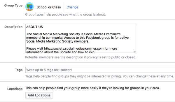 अपने फेसबुक समूह के बारे में अतिरिक्त जानकारी प्रदान करें ताकि लोगों को इसे खोजने में आसानी हो।