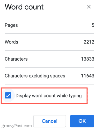 Google डॉक्स में टाइप करते समय शब्द गणना प्रदर्शित करें Display