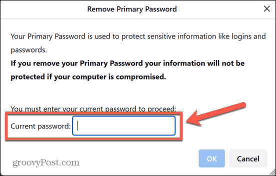 फ़ायरफ़ॉक्स वर्तमान पासवर्ड की पुष्टि करता है