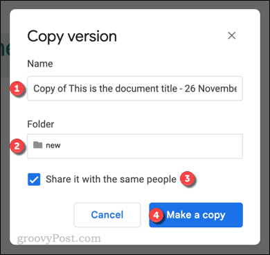 Google डॉक्स फ़ाइल के संस्करण की प्रतिलिपि बनाना