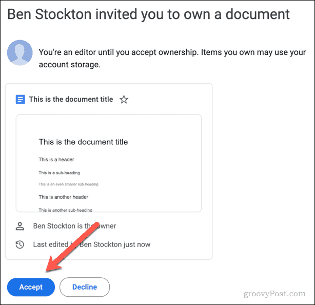 Google डॉक्स फ़ाइल के स्वामित्व को स्वीकार या अस्वीकार करने के लिए ईमेल आमंत्रण