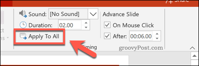 PowerPoint में सभी स्लाइड्स पर स्लाइड टाइमिंग लागू करना