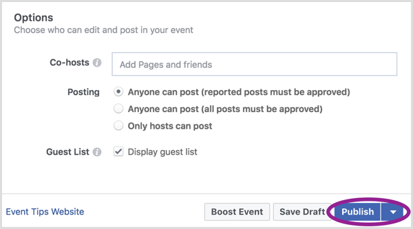 जब आप अपना Facebook ईवेंट बनाना समाप्त कर लें, तो प्रकाशित करें पर क्लिक करें।