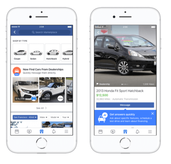 फेसबुक मार्केटप्लेस यू.एस. में दुकानदारों के लिए कार खरीदने को आसान बनाने के लिए ऑटो इंडस्ट्री के लीडर्स एडमंड्स, कार्स डॉट कॉम, ऑक्शन123 और के साथ साझेदारी कर रहा है।