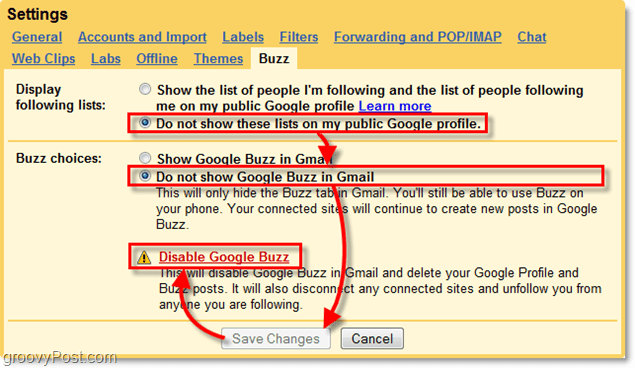 gmail सेटिंग में google buzz टैब पर क्लिक करें