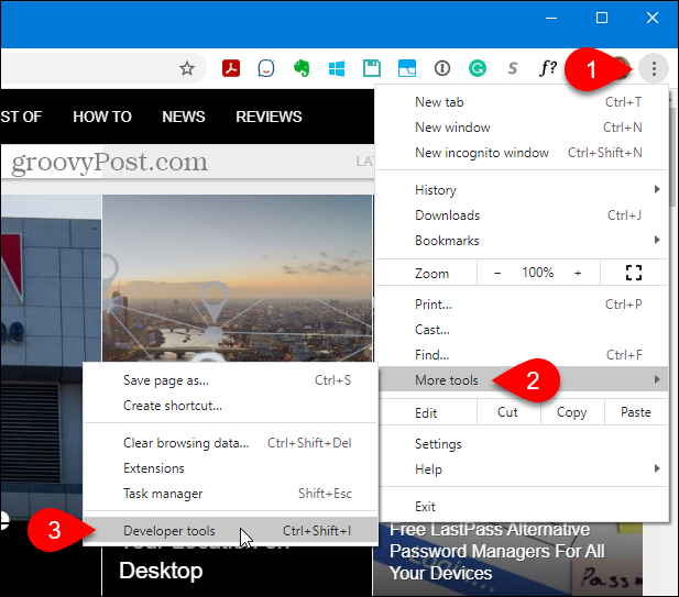 Chrome में अधिक टूल> डेवलपर टूल पर जाएं