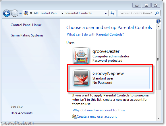 विंडोज 7 में माता-पिता के नियंत्रण गुणों को समायोजित करने के लिए एक उपयोगकर्ता चुनें