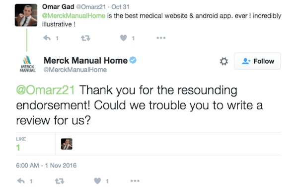 मर्क मैनुअल होम एक ग्राहक को अपने ऐप के लिए समीक्षा छोड़ने के लिए प्रोत्साहित करता है।