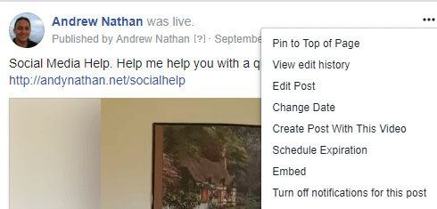 फेसबुक लाइव वीडियो पोस्ट में एम्बेड कोड प्राप्त करने के लिए, तीन डॉट मेनू पर क्लिक करें और एंबेड चुनें।