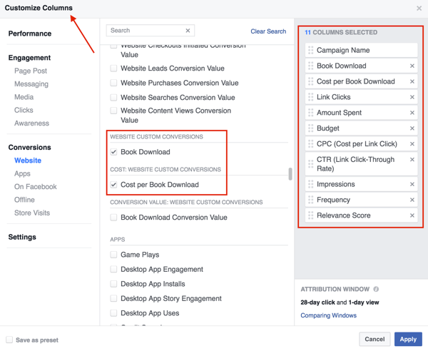 उन कॉलमों का चयन करें जिन्हें आप अपने फेसबुक विज्ञापन परिणाम तालिका में जोड़ना चाहते हैं।