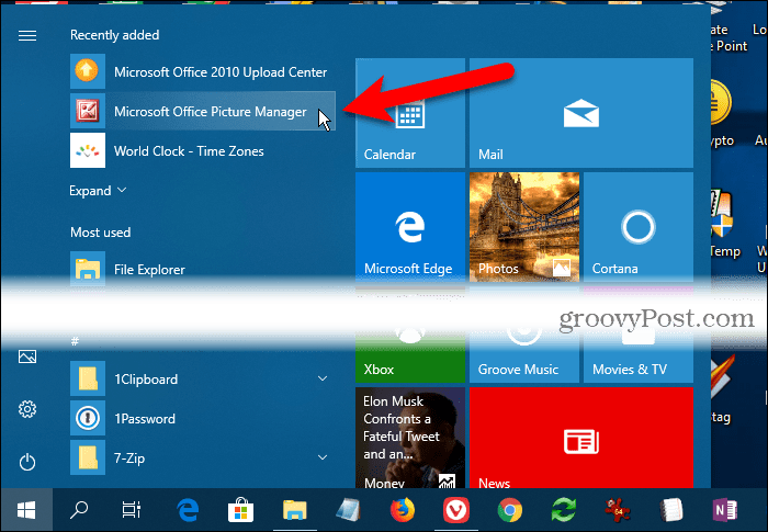 Microsoft Office चित्र प्रबंधक के अंतर्गत हाल ही में Windows 10 प्रारंभ मेनू पर जोड़ा गया है