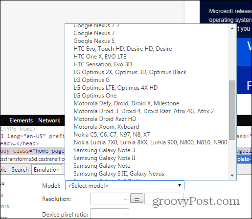 Chrome डेवलपर टूल इम्यूलेशन सेंसर डिवाइस का चयन करते हैं