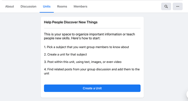 फेसबुक इकाइयों पर एक यूनिट बनाने का विकल्प एक यूनिट टैब क्रेट करता है