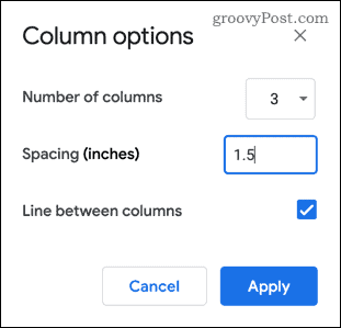Google डॉक्स में कॉलम विकल्प मेनू