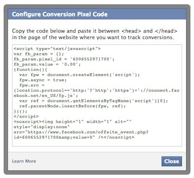 फेसबुक रूपांतरण पिक्सेल कोड
