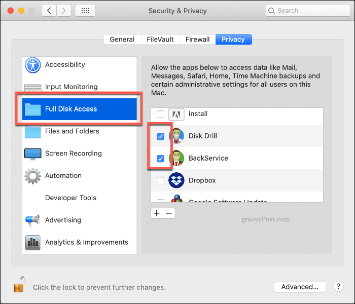 MacOS पर डिस्क ड्रिल के लिए पूर्ण ड्राइव एक्सेस को अधिकृत करना