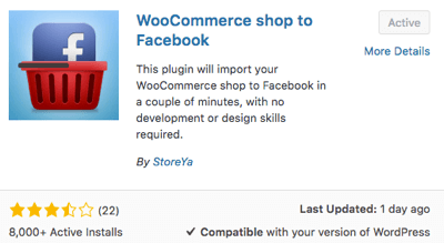 फेसबुक प्लगइन के लिए WooCommerce शॉप चुनें और सक्रिय करें।