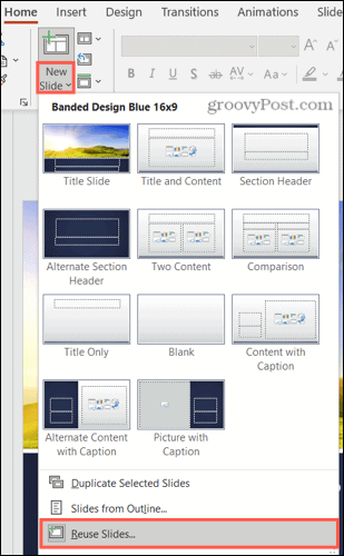 नई स्लाइड, विंडोज़ पर पावरपॉइंट में स्लाइड का पुन: उपयोग करें