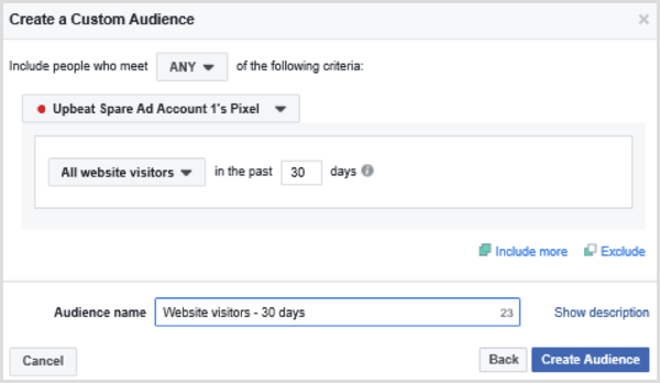 पिछले 30 दिनों में सभी वेबसाइट आगंतुकों के फेसबुक कस्टम दर्शकों को सेट करने के लिए विकल्प चुनें
