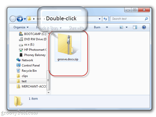 एक फ़ोल्डर के रूप में एक docx फ़ाइल खोलना