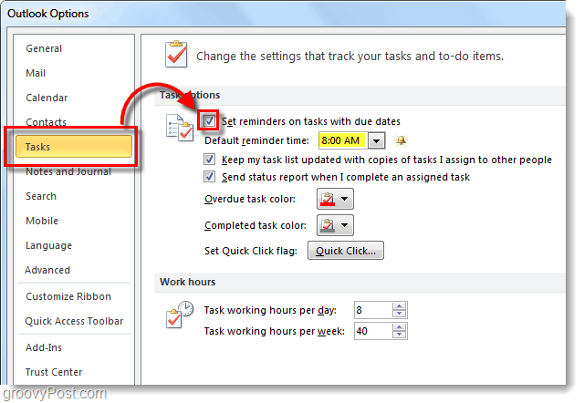 Outlook 2010 के लिए डिफ़ॉल्ट कार्य अनुस्मारक कैसे सेट करें