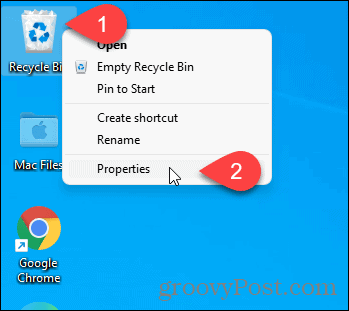 विंडोज 11 में डेस्कटॉप आइकन का उपयोग करके रीसायकल बिन के गुण प्राप्त करें