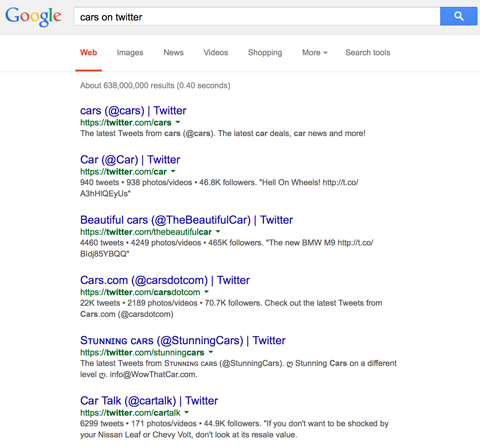 ट्विटर प्रोफ़ाइल ट्विटर पर कारों के लिए गूगल खोज में परिणाम है