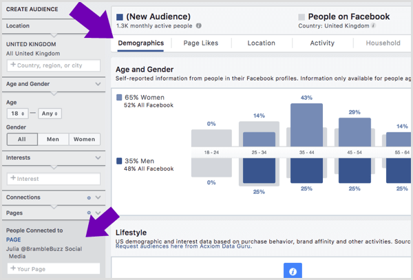 एक विशिष्ट फेसबुक पेज को पसंद करने वाले दर्शकों के लिए जनसांख्यिकीय विवरण देखें।