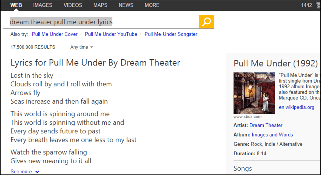 Google प्रतियां बिंग, खोज परिणामों में गीत के बोल जोड़ता है