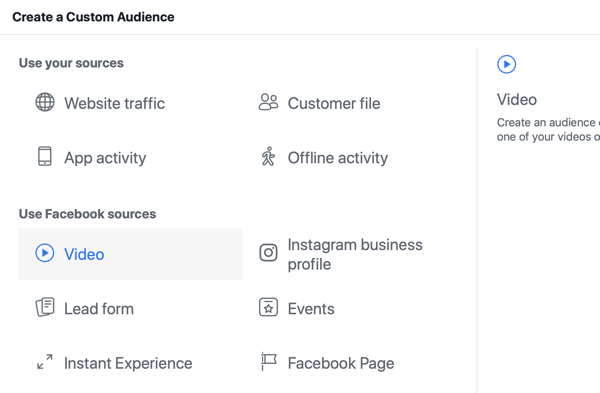 फेसबुक पर अपने लाइव इवेंट को कैसे बढ़ावा दें, चरण 8, वीडियो विज्ञापनों के आधार पर फेसबुक विज्ञापन प्रबंधक में कस्टम ऑडियंस बनाएं