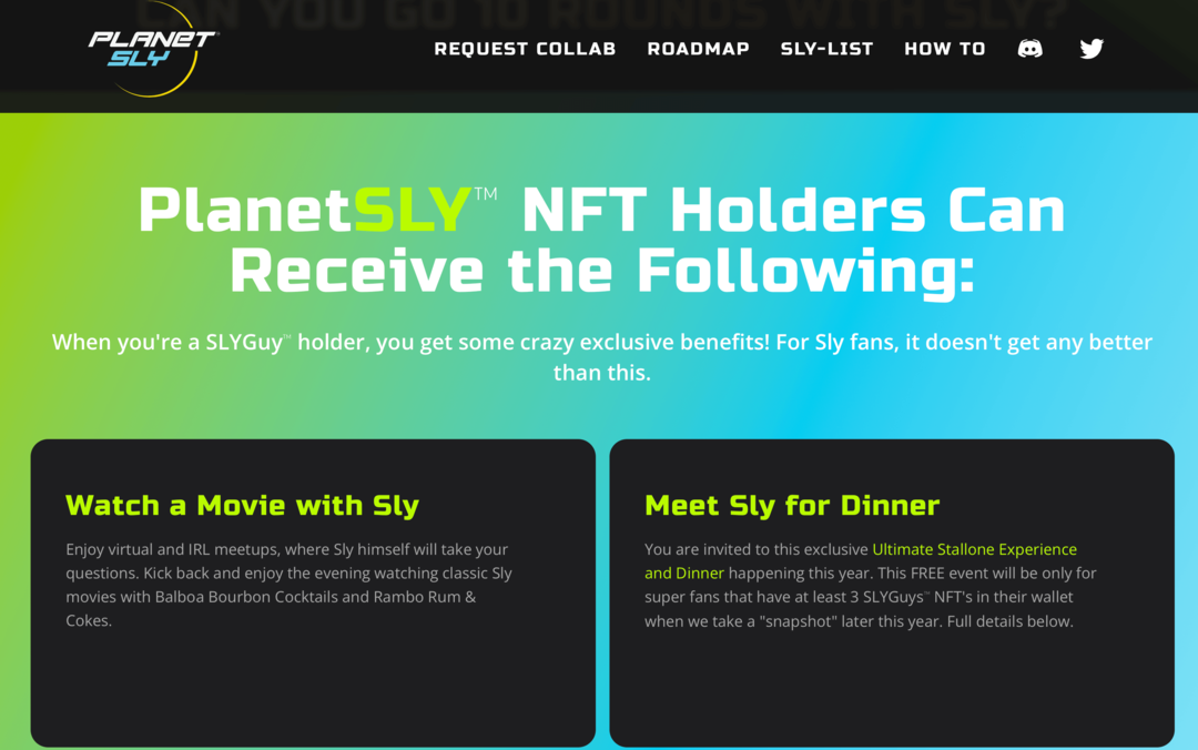 प्लैनेटस्ली वेबसाइट की छवि जो SLYGuy NFT धारकों के लिए लाभों की व्याख्या करती है