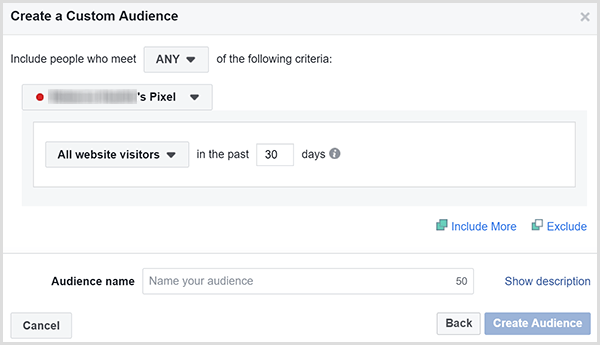 Facebook Create a Custom Audience डायलॉग बॉक्स में कुछ निश्चित दिनों के भीतर सभी वेबसाइट विज़िटर को विज्ञापन लक्षित करने का एक विकल्प होता है।