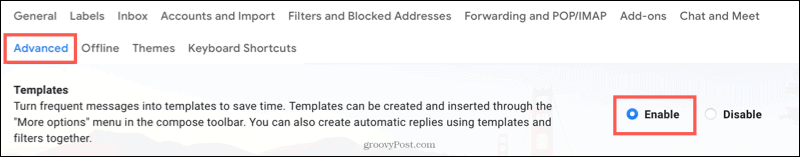 उन्नत टैब पर टेम्प्लेट द्वारा सक्षम करें पर क्लिक करें