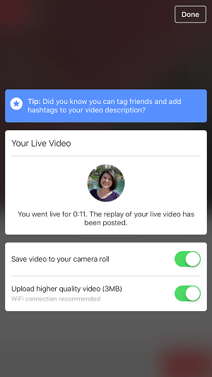 वीडियो को बचाने के लिए फेसबुक प्रोफाइल लाइव वीडियो विकल्प