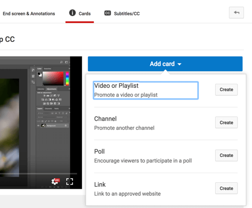 Add Card पर क्लिक करें और उस कार्ड का प्रकार चुनें जिसे आप अपने YouTube वीडियो में जोड़ना चाहते हैं।