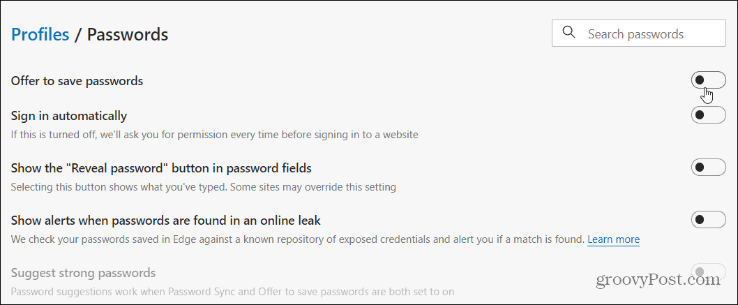पासवर्ड विकल्प किनारे अक्षम करें