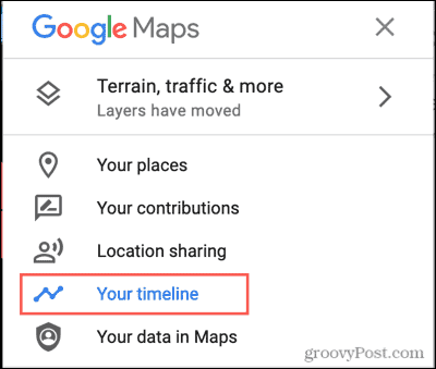 Google मानचित्र मेनू, आपकी समयरेखा