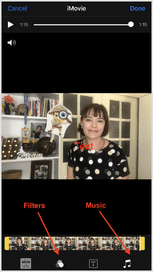 IMovie में फ़िल्टर और संगीत जोड़ने के लिए स्क्रीन के नीचे स्थित टूल टैप करें।