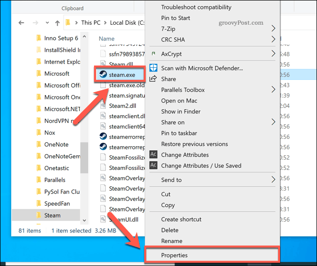 Windows फ़ाइल एक्सप्लोरर में स्टीम गुणों तक पहुँचना