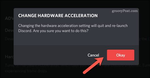 डिस्कॉर्ड की हार्डवेयर त्वरण सेटिंग्स में बदलाव की पुष्टि करना
